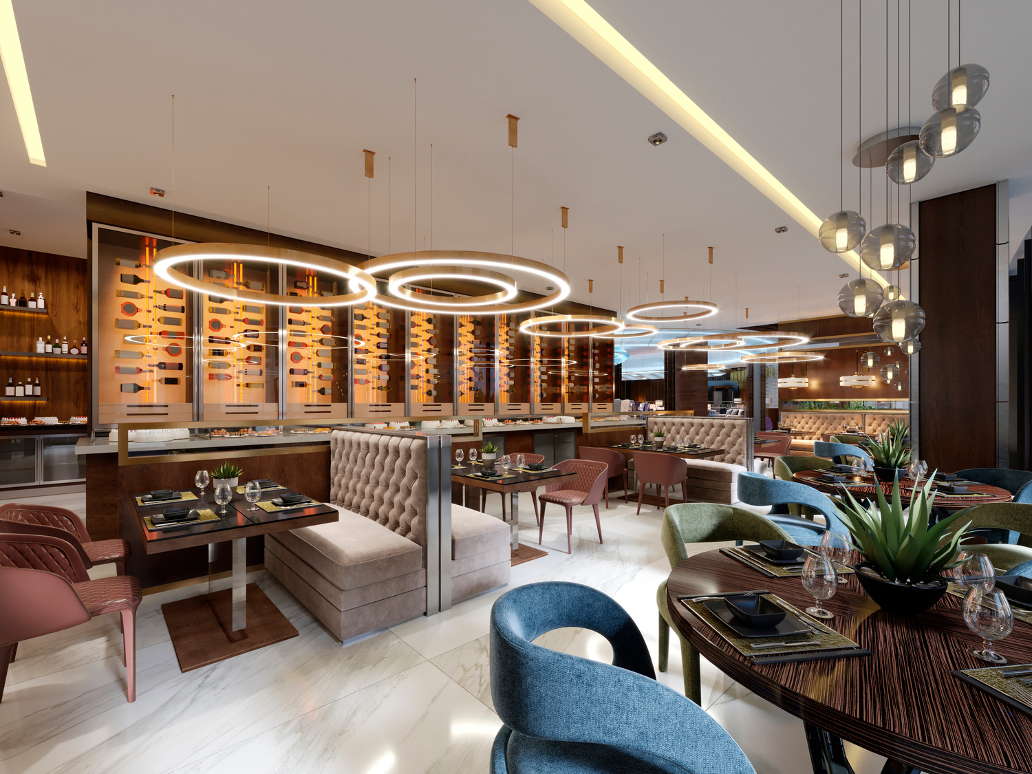 Luxury restaurant in contemporary style with exquisite modern furniture and designer listroy with hidden lighting. Brand interior design of the restaurant.
